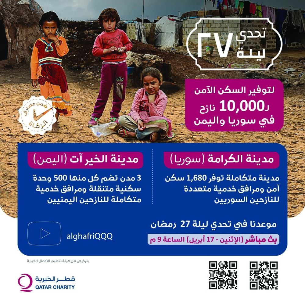 قطر الخيرية تدعو أهل الخير لدعم (تحدي ليلة 27)