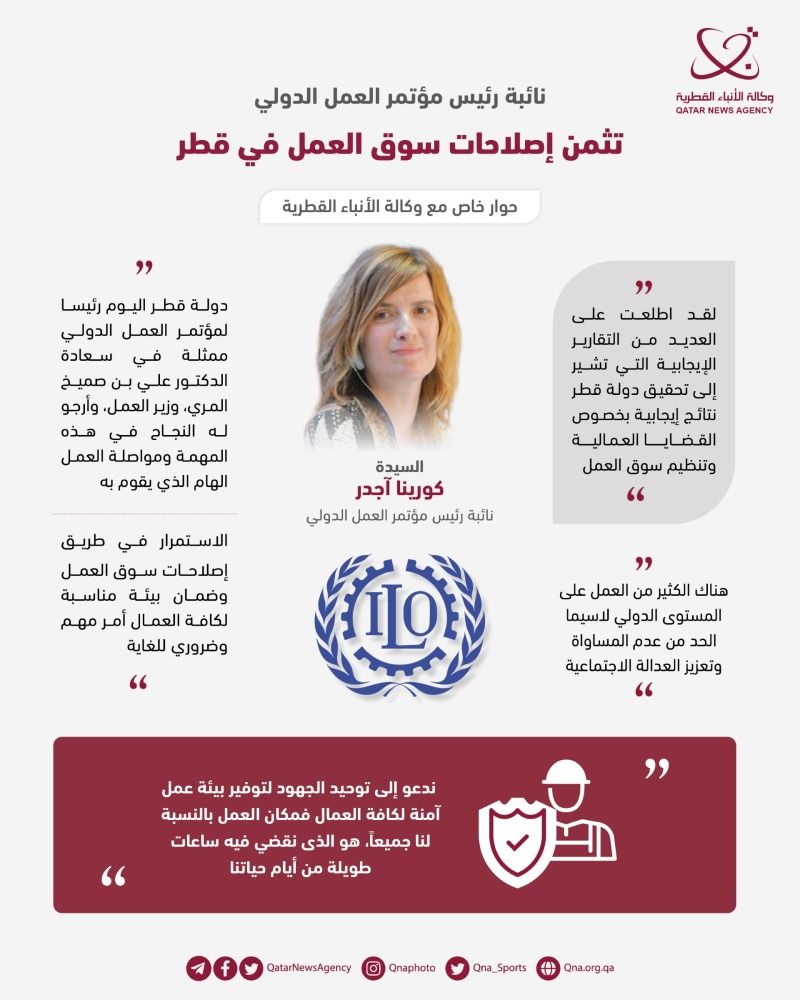نائبة رئيس مؤتمر العمل الدولي: نثمن إصلاحات سوق العمل في قطر