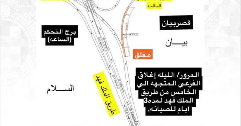 «المرور»: إغلاق «الفرعي» من طريق الملك فهد مع الدائري الخامس