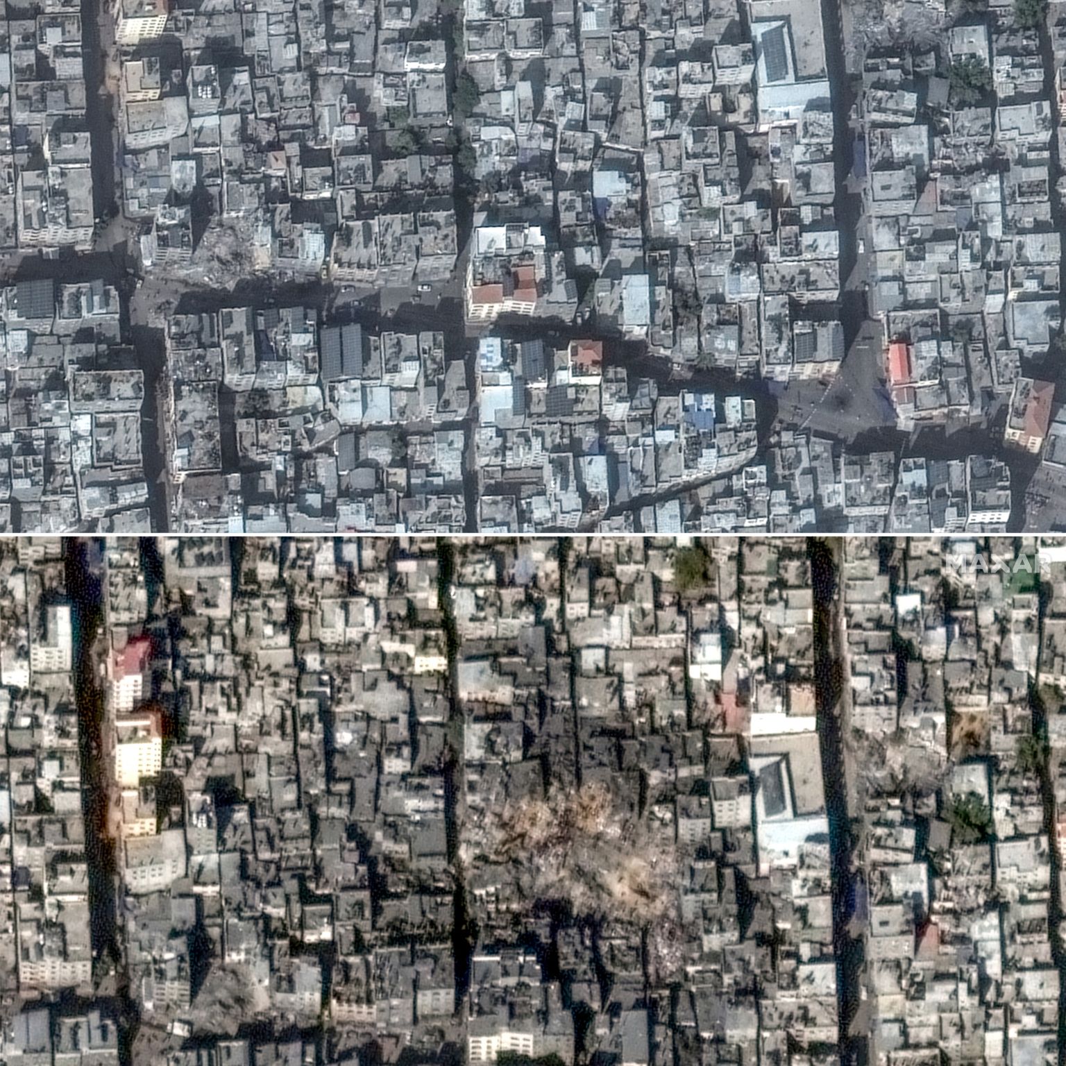 "أبنية مسحت بالكامل".. صور أقمار صناعية تظهر آثار قصف الاحتلال لمخيم جباليا