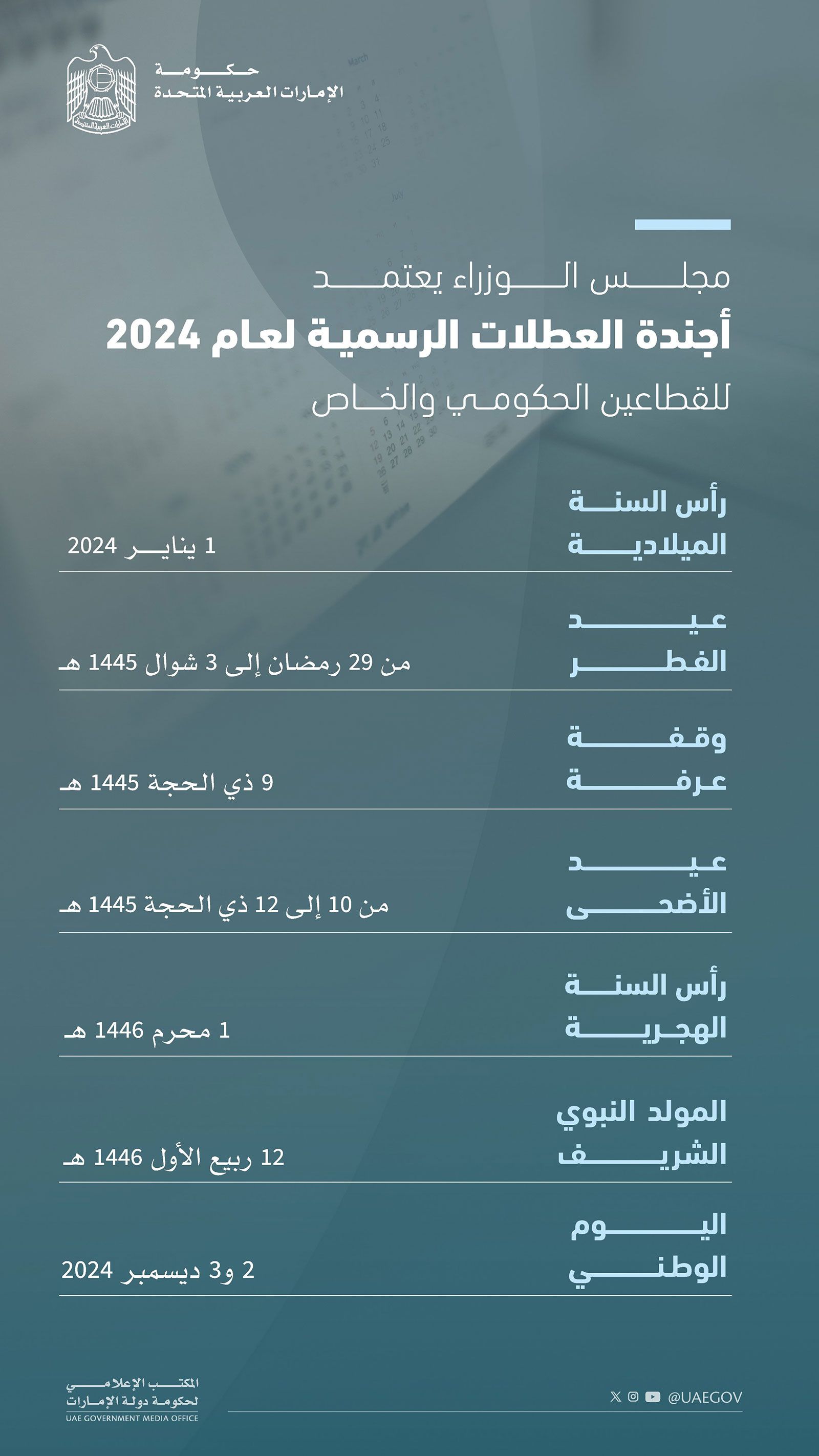 الإمارات تعتمد أجندة العطلات الرسمية للقطاعين الحكومي والخاص لعام 2024