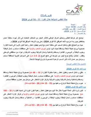 الأرصاد الجوية تصدر التقرير الأول حول الحالة الجوية المتوقعة خلال الفترة من 11 – 14فبراير