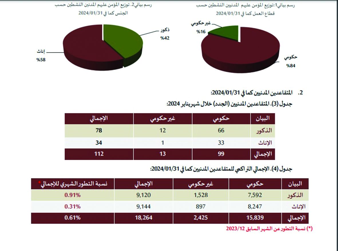 وفق الإحصاءات بنهاية يناير 2024.. 85154 مؤمَّناً عليهم و18264 متقاعداً مدنياً