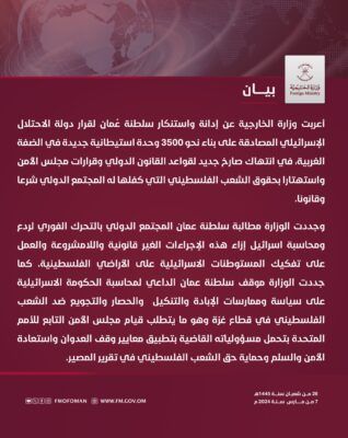 سلطنة ‎عُمان تدين قرار دولة الاحتلال الإسرائيلي ببناء 3500 وحدة استيطانية في ‎الضفة الغربية