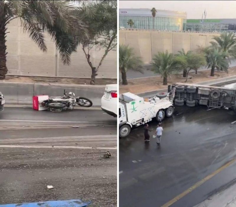 حادث مرعب لم تشهده السعودية من قبل .. انقسام شاحنة الى نصفين في طريق عام بالرياض والناس تتساقط منها بشكل مرعب!!