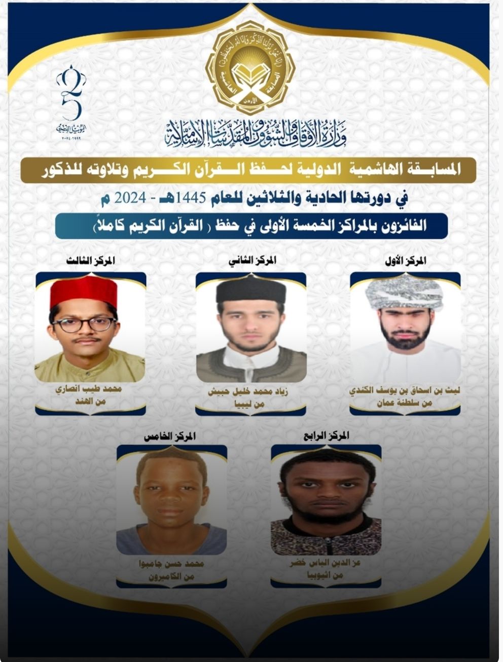 سلطنة عمان تفوز بالمركز الأول في المسابقة الهاشمية الدولية لحفظ القرآن الكريم بالأردن