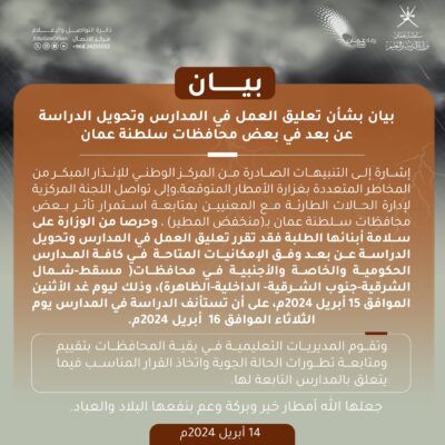 تعليق العمل في المدارس وتحويل الدراسة عن بعد في 5 محافظات