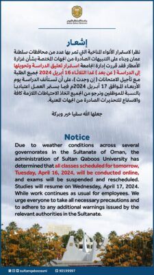 استمرار تعليق الدراسة بجامعة السلطان قابوس غداً