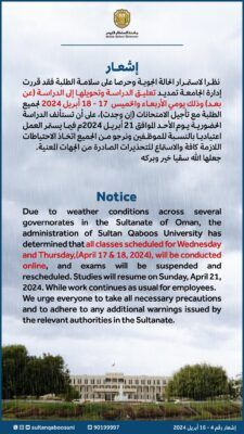 تمديد تعليق الدراسة بجامعة السلطان قابوس يومي الأربعاء والخميس