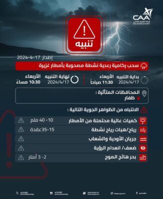 تنبيه بغزارة الأمطار على ظفار