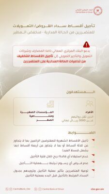 دعوة إلى كافة المصارف وشركات التمويل لتأجيل الأقساط جراء تداعيات منخفض المطير