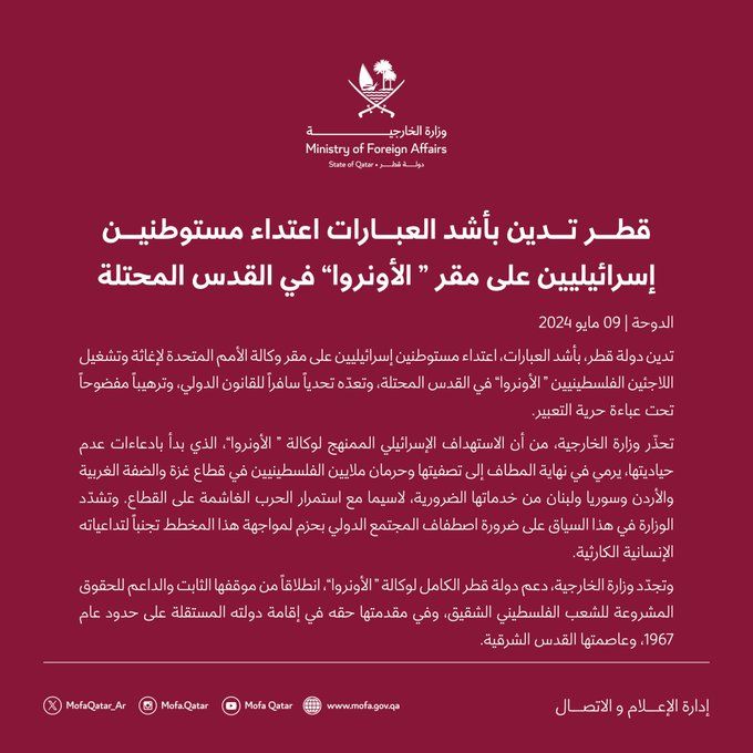  قطر تدين بأشد العبارات اعتداء مستوطنين إسرائيليين على مقر "الأونروا" في القدس المحتلة