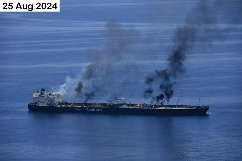 أسبيدس: استمرار اشتعال النيران في ناقلة النفط "سونيون" التي هاجمها الحوثيون بالبحر الاحمر