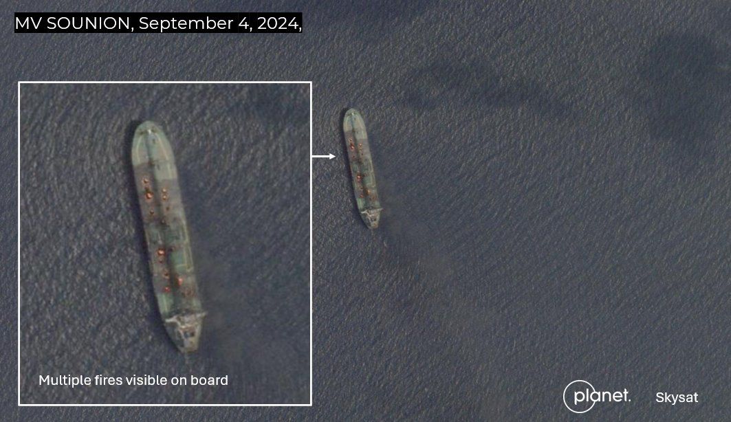 اليمن.. مخاوف من احتراق هيكل الناقلة (سونيون) بشكل كامل مع فشل سحبها واستمرار اشتعال النيران فيها