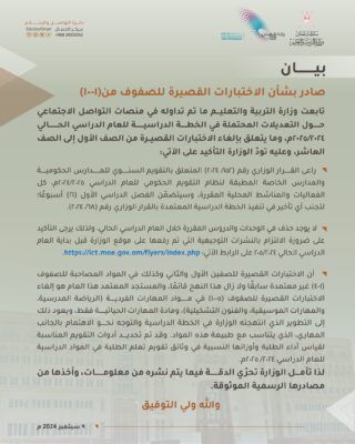 ” التربية والتعليم” تصدر بيان بشأن ما تم تداوله حول اختبارات الصفوف من 1-10