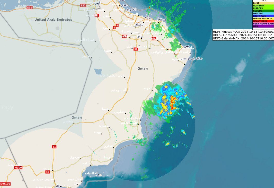 استمرار هطول الأمطار و تأثير السحب المصاحبة للمنخفض المداري في جنوب الشرقية