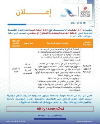 وظيفة شاغرة لدى الأمانة العامة لمنظمة التعاون الإسلامي
