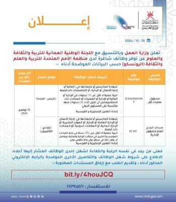 وزارة العمل تعلن عن توفر وظائف شاغرة لدى (اليونسكو)