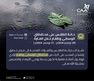 فرص هطول أمطار على محافظتي الوسطى وظفار نهاية الأسبوع