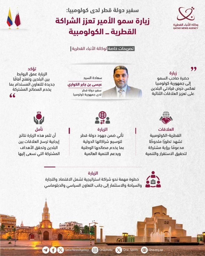 سفيرنا لدى كولومبيا: زيارة سموه تفتح آفاقا جديدة للتعاون القطري الكولومبي