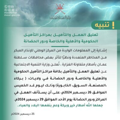 غداً..تعليق العمل بمراكز التأهيل الحكومية والأهلية والخاصة ودور الحضانة بعدة ولايات