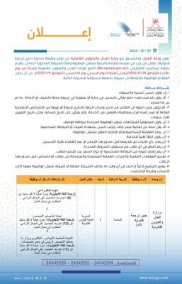 وزارة العمل تعلن عن توفر وظائف شاغرة