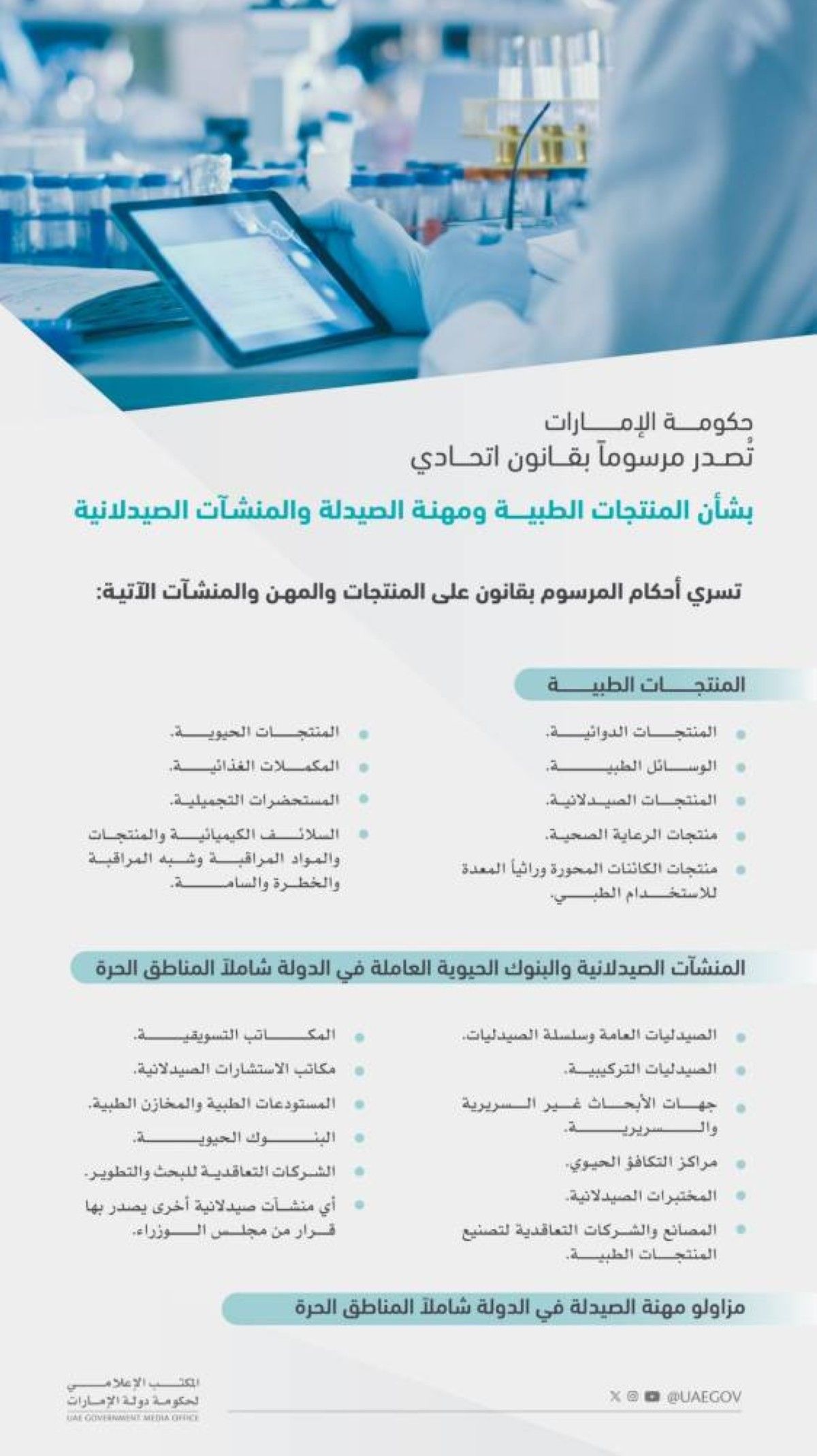 حكومة الإمارات تصدر مرسوماً بقانون اتحادي بشأن المنتجات الطبية ومهنة الصيدلة والمنشآت الصيدلانية