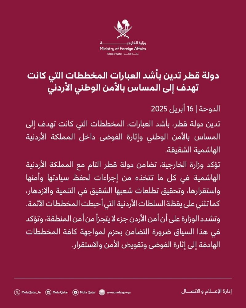 دولة قطر تدين بأشد العبارات المخططات التي كانت تهدف إلى المساس بالأمن الوطني الأردني