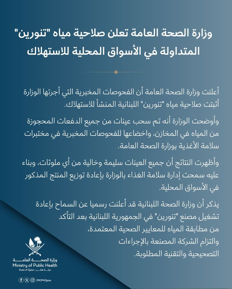 وزارة الصحة العامة تعلن صلاحية مياه "تنورين" المتداولة في الأسواق المحلية للاستهلاك​​