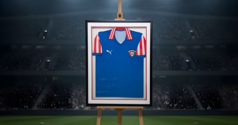 قميص منتخب الكويت في كأس العالم 1982 موقعاً من الأسطورة جاسم يعقوب