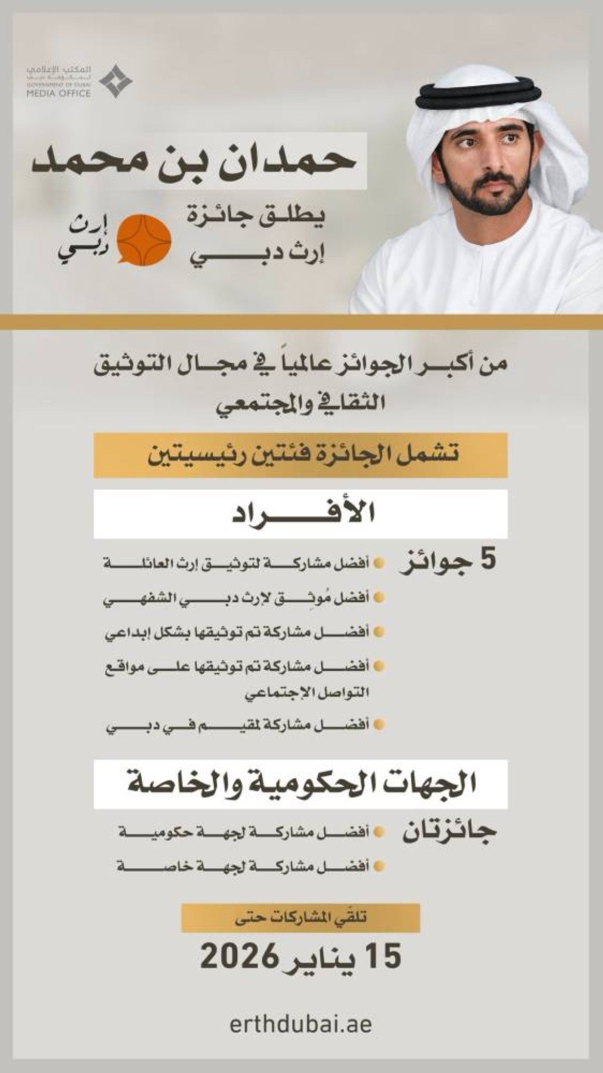 حمدان بن محمد يطلق "جوائز إرث دبي" ويدعو أهلها وكل من عاش على أرضها للمشاركة