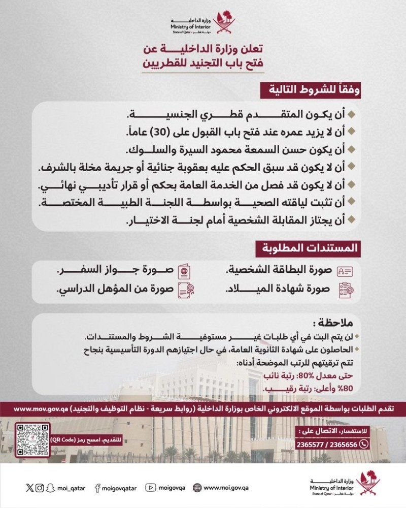 فتح باب التجنيد في وزارة الداخلية القطرية 2026: الشروط الرسمية وخطوات التقديم بالتفصيل