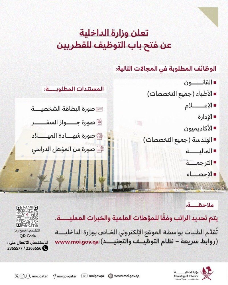 وزارة الداخلية قطر تفتح باب التقديم على وظائف بتخصصات متعددة .. المستندات المطلوبة ورابط التقديم