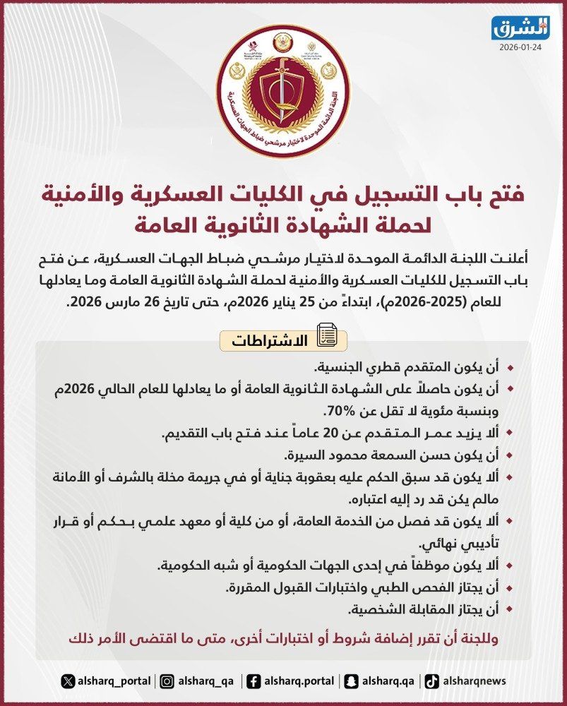 بدء التقديم لدى الكليات العسكرية في قطر 2026: شروط وآلية التسجيل وهل مسموح للمقيم؟