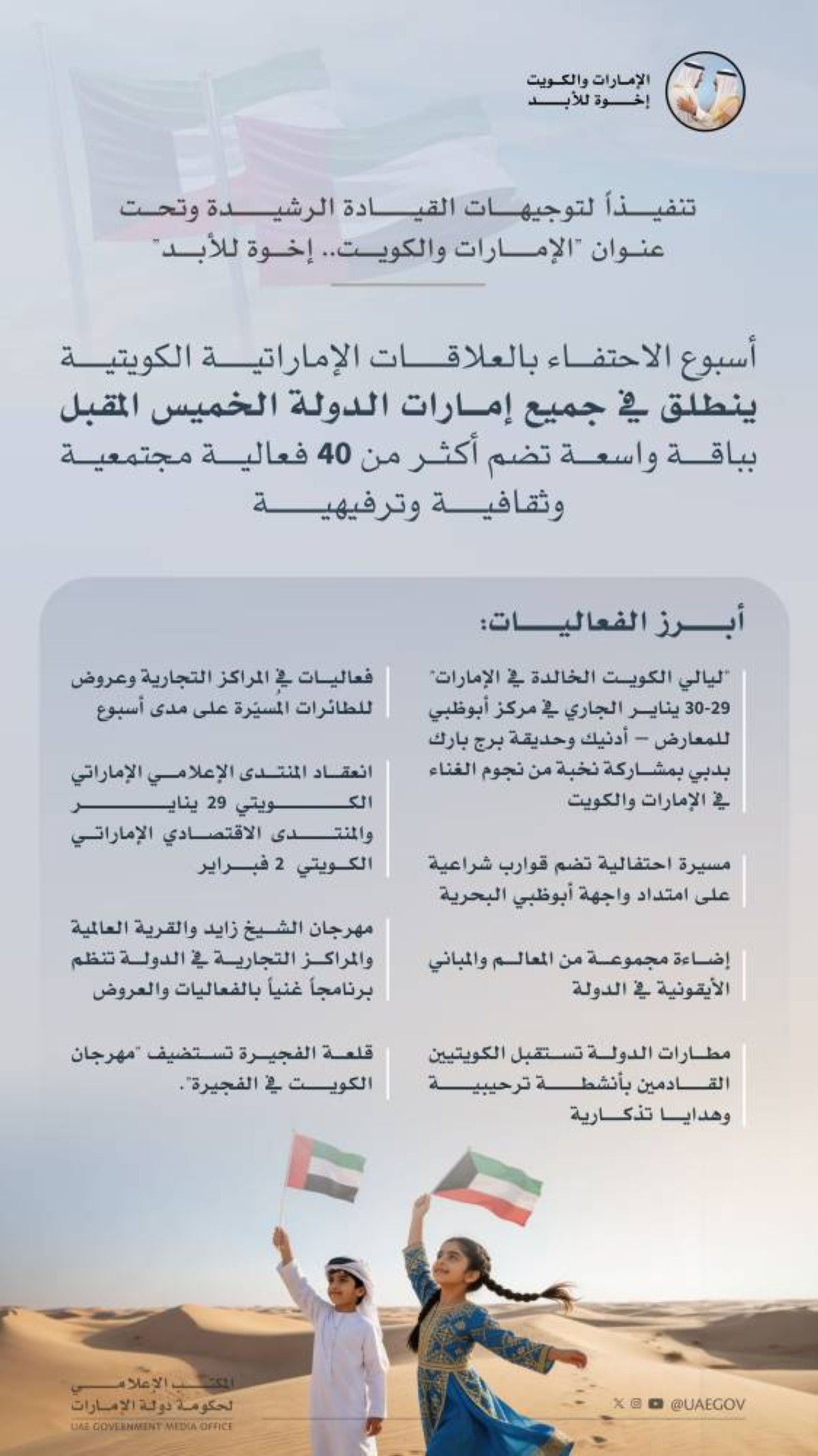 أسبوع الاحتفاء بالعلاقات الإماراتية الكويتية ينطلق في جميع إمارات الدولة الخميس المقبل