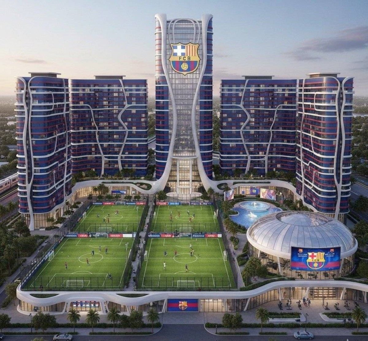 ناطحات سحاب في دبي ومجمع فاخر بأبوظبي يحملان شعار برشلونة