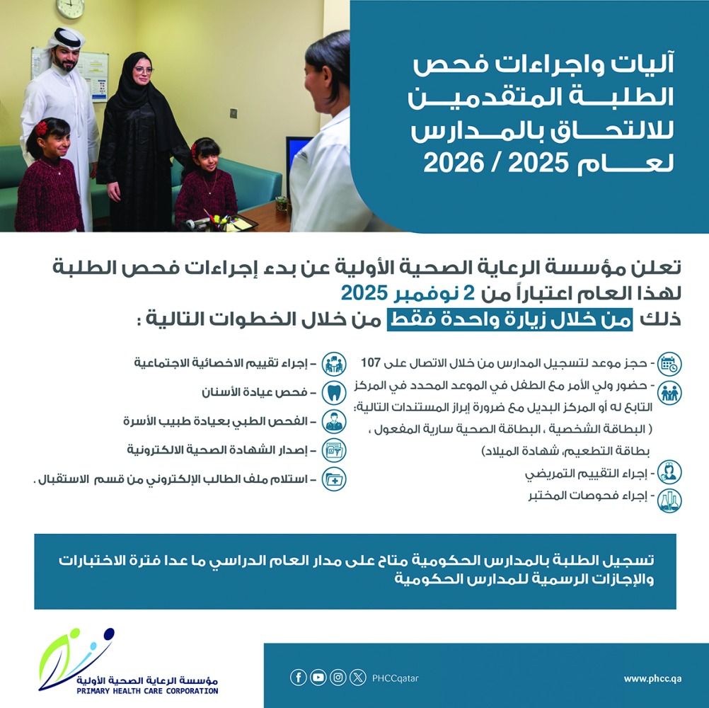 «الرعاية»: الفحص الطبي للطلبة المستجدين طوال العام الدراسي