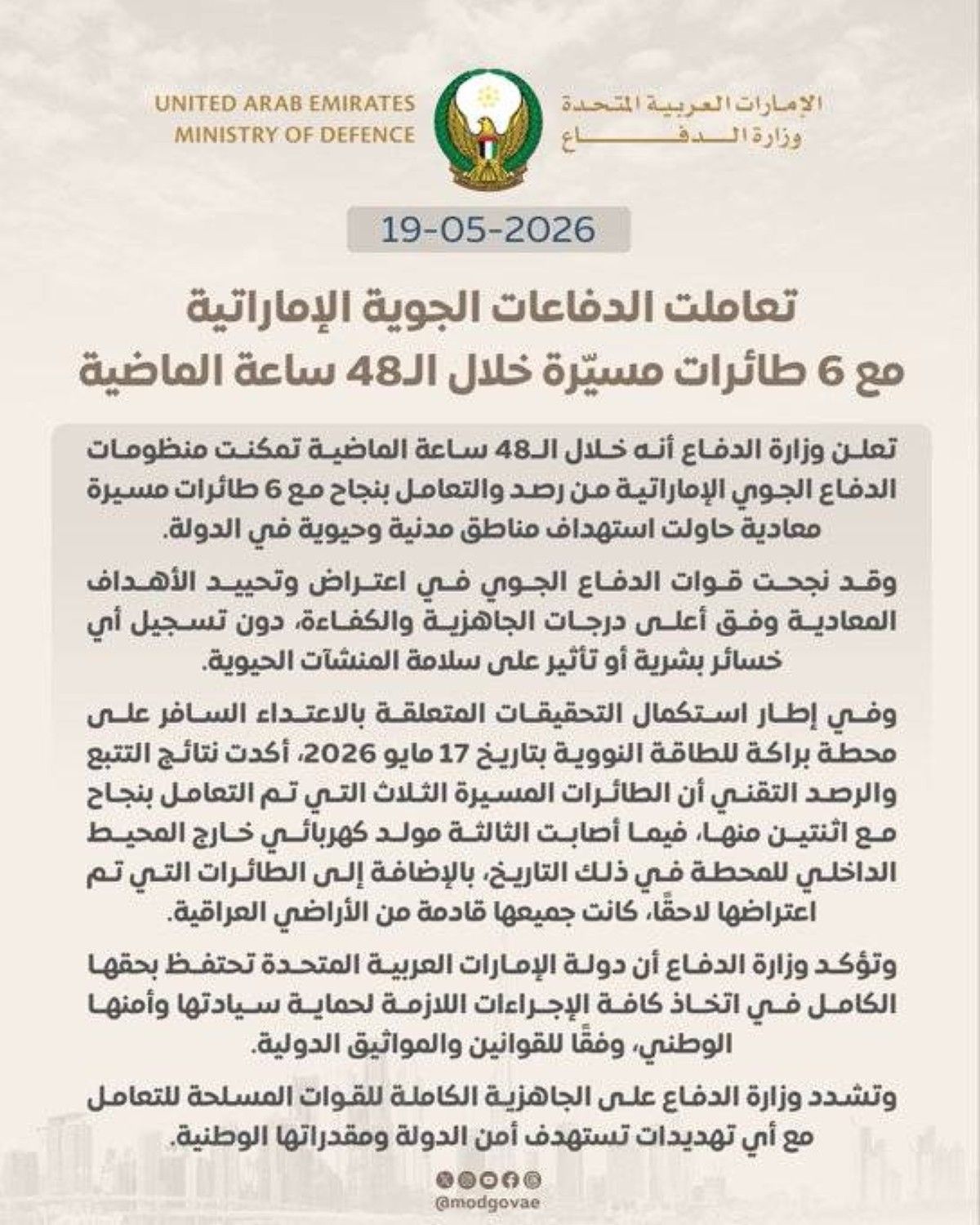 الدفاعات الجوية الإماراتية تتعامل بنجاح مع 6 مسيّرات معادية خلال الـ 48 ساعة الماضية