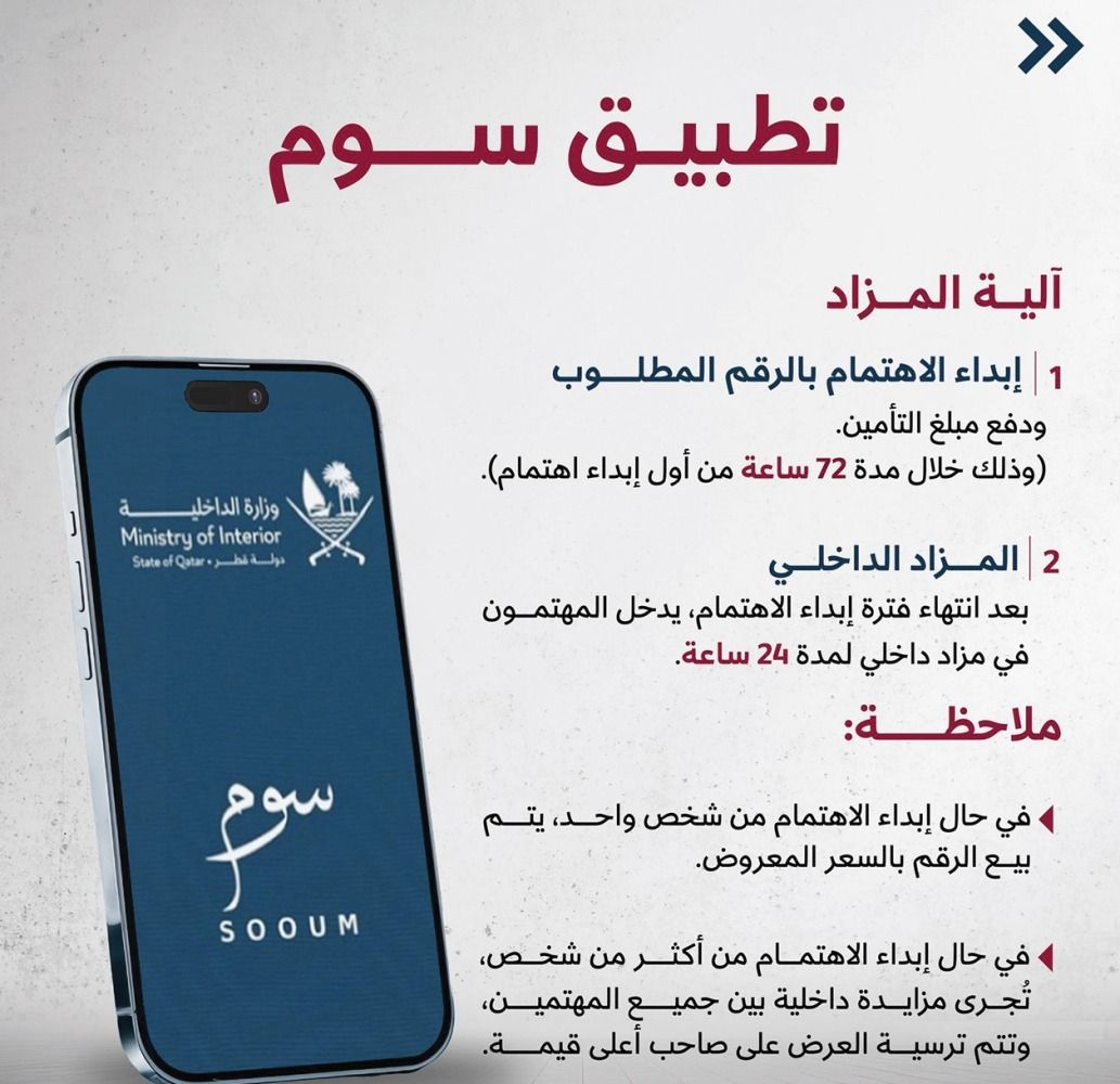 «الداخلية» تطرح أرقاماً مميزة للمركبات عبر تطبيق «سوم»