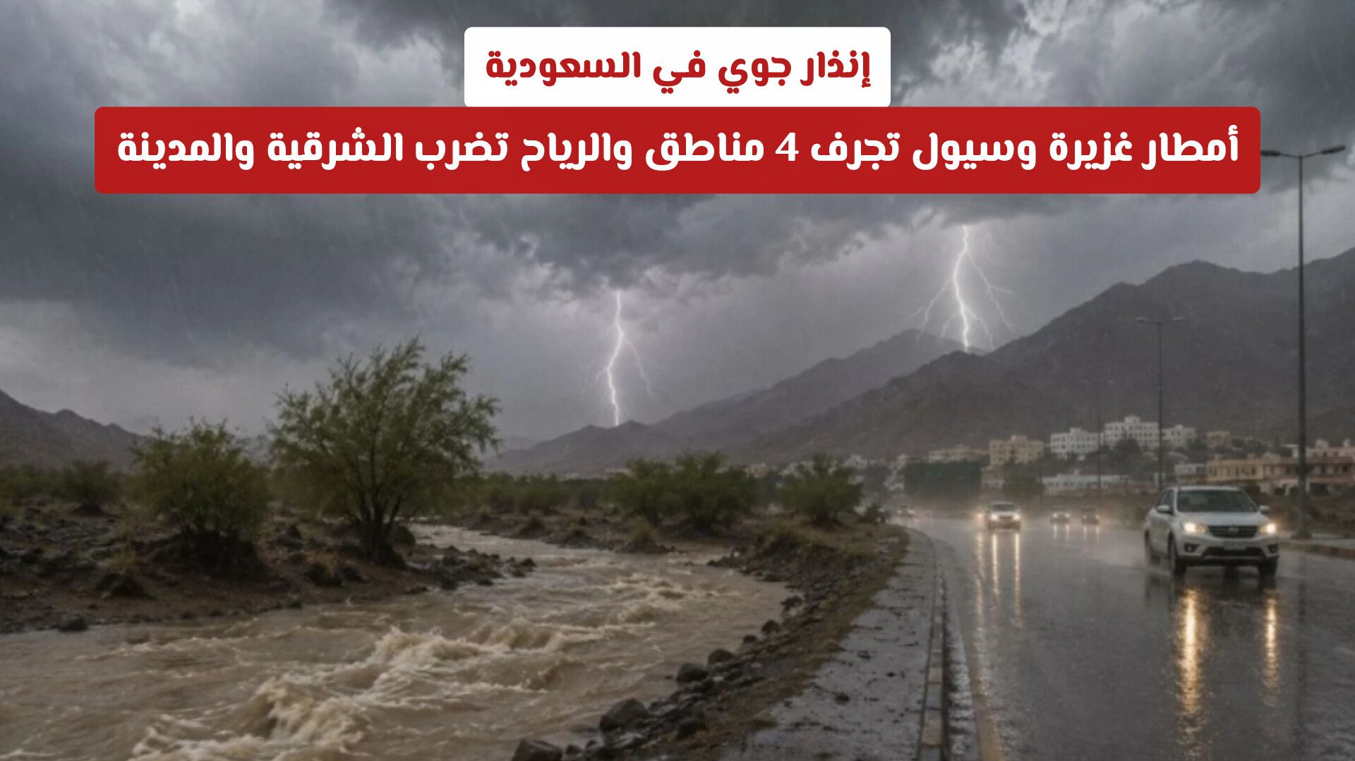 إنذار جوي في السعودية: أمطار غزيرة وسيول تجرف 4 مناطق والرياح تضرب الشرقية والمدينة