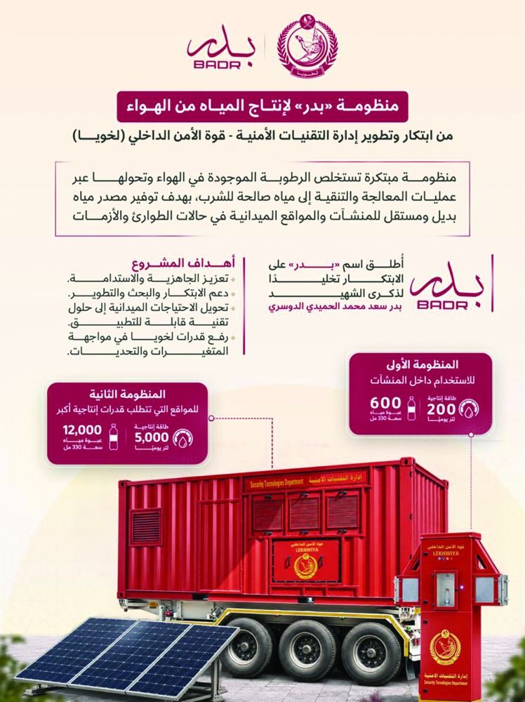 تتزين باسم الشهيد بدر الدوسري تخليداً لذكراه.. «لخويا» تطور منظومة إنتاج المياه من الهواء