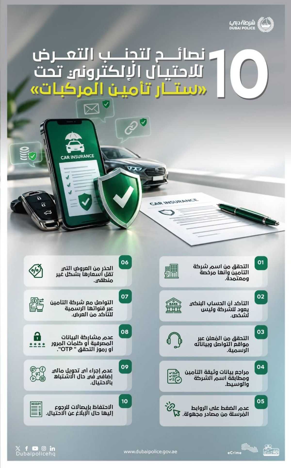 "شرطة دبي": 10 نصائح لتجنب الاحتيال الإلكتروني تحت "ستار تأمين المركبات"